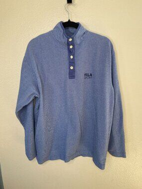 Vintage Fila Sport Blue Mens Pullover L Long-Sleeve Button-Up 100% Cotton